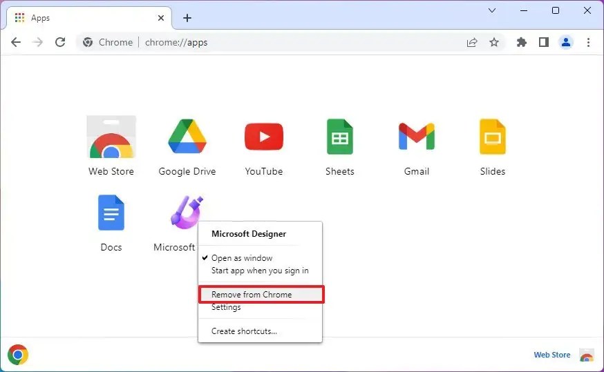 Google Chrome remove Microsoft Designer app
