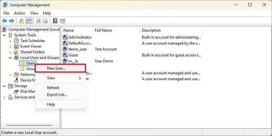 Computer Management new user