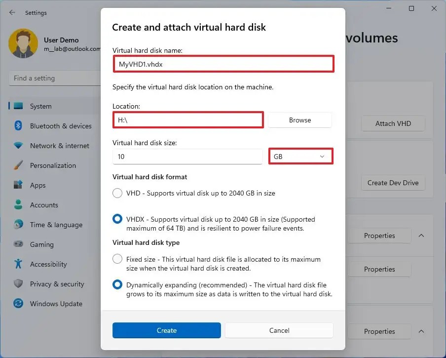 Create and attach virtual hard disk 