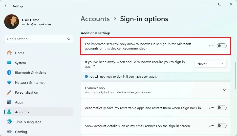 Windows 11 Sign-in options showing toggle to disable mandatory Windows Hello sign-in for Microsoft accounts.