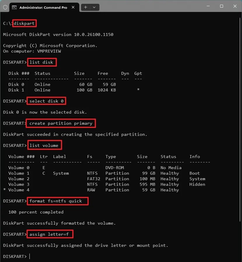 diskpart create partition primary