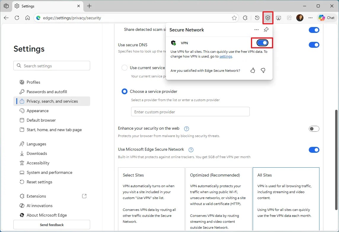 Microsoft Edge VPN on address bar