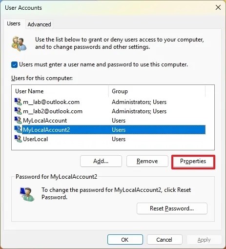 netplwiz account properties