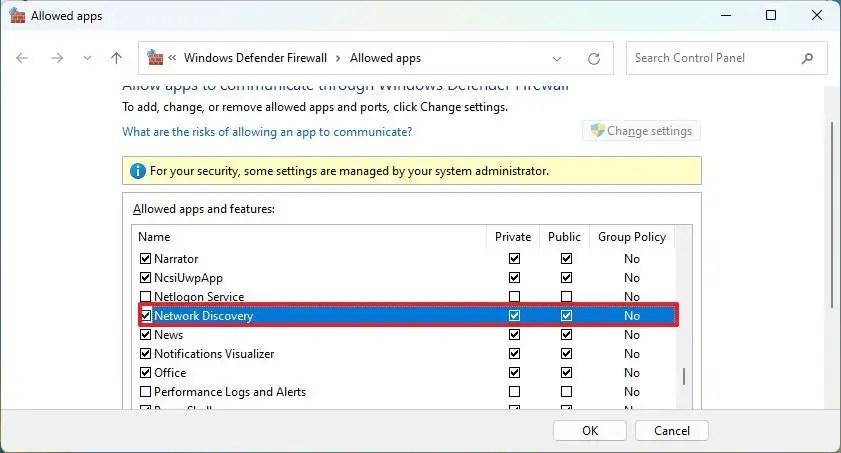 Network discovery allow in firewall