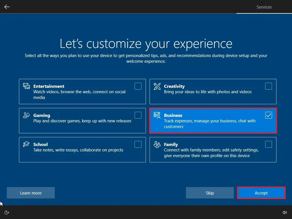 OOBE customize device usage settings