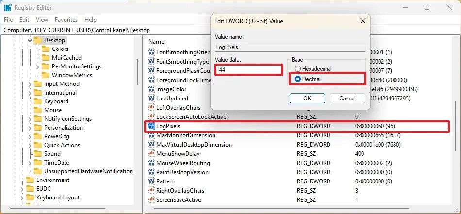 Registry change scaling setting