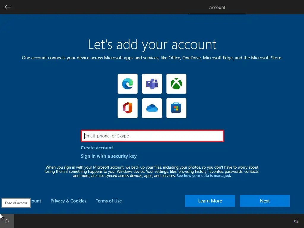 OOBE create Windows 10 account