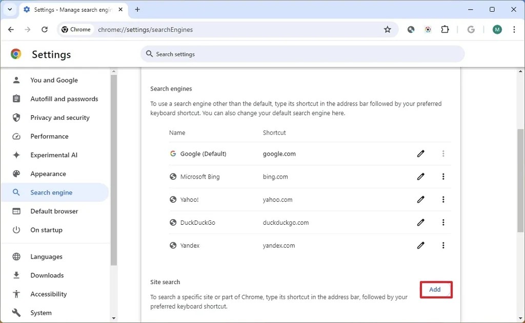 Chrome site search add option