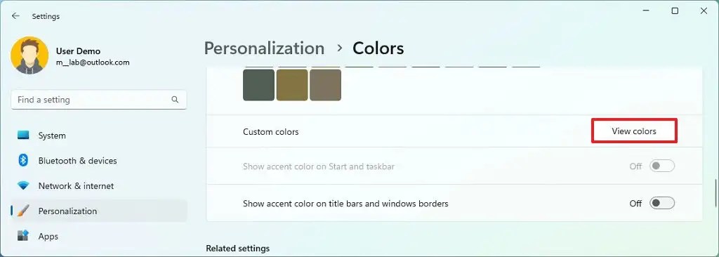 Configurações de cores de destaque personalizadas