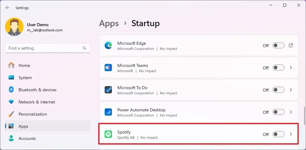 Configurações desabilitam aplicativos de inicialização
