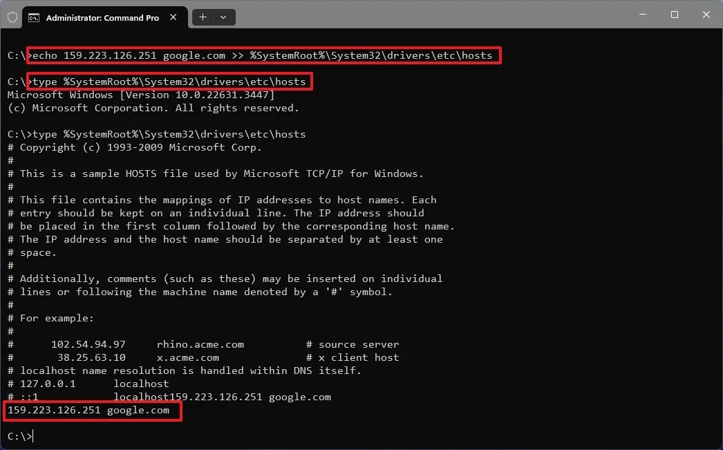 Command Prompt edit Hosts