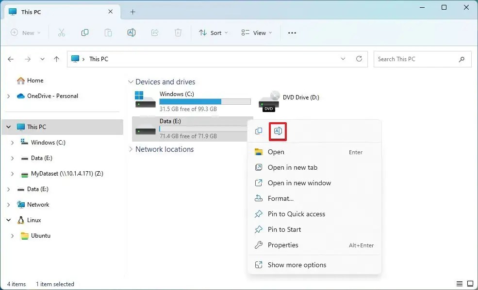 File Explorer rename drive