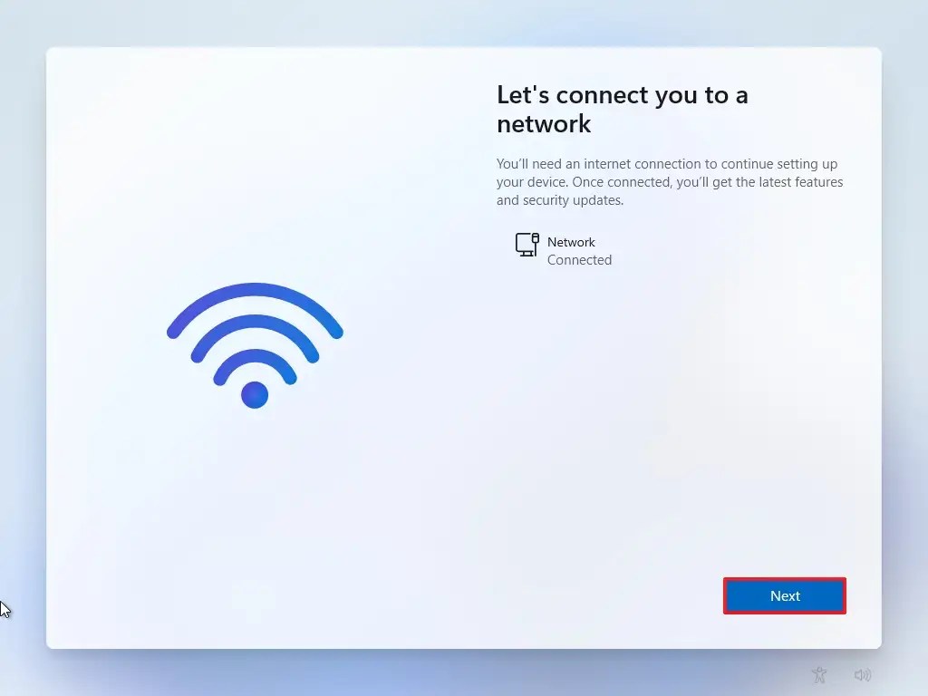 Configurações de conexão de rede OOBE