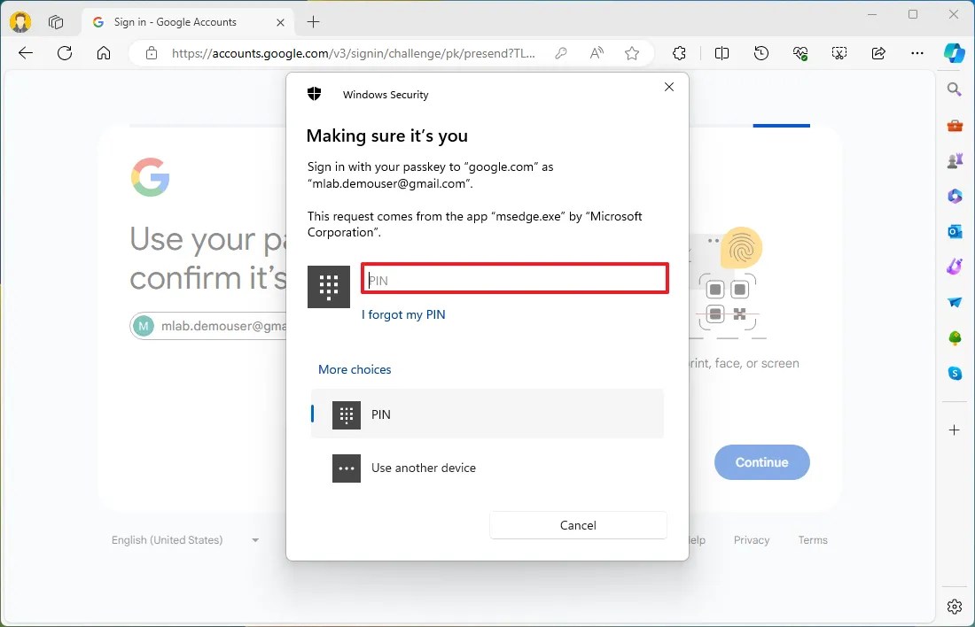 Confirm passkey with Windows Hello