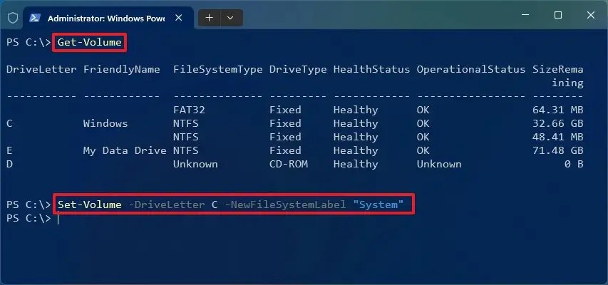 PowerShell change driver name
