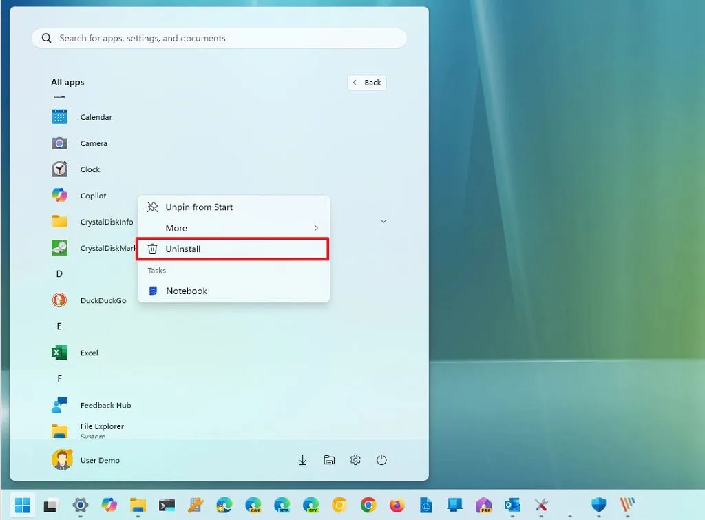 Start menu uninstall app