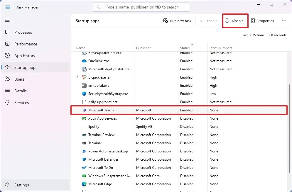Task Manager disable startup apps