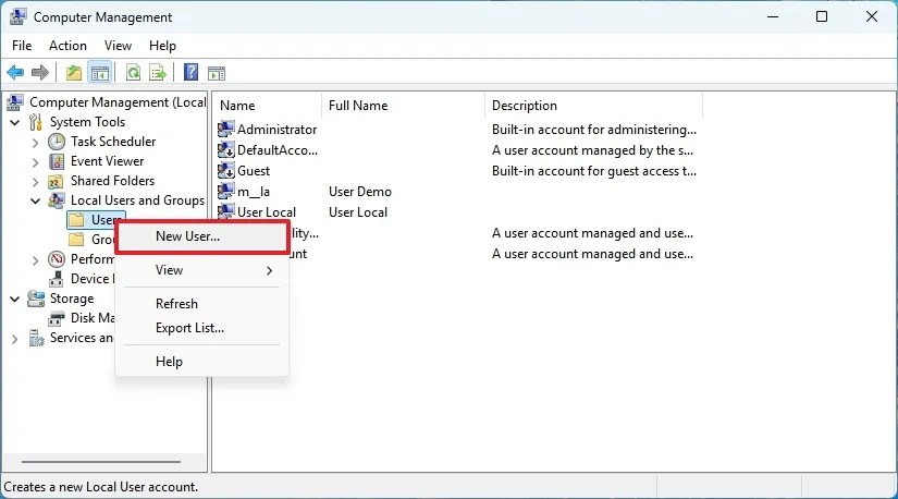 Create new user from Computer Management