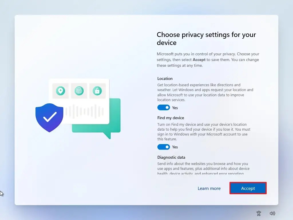Configurações de privacidade do Windows 11 OOBE