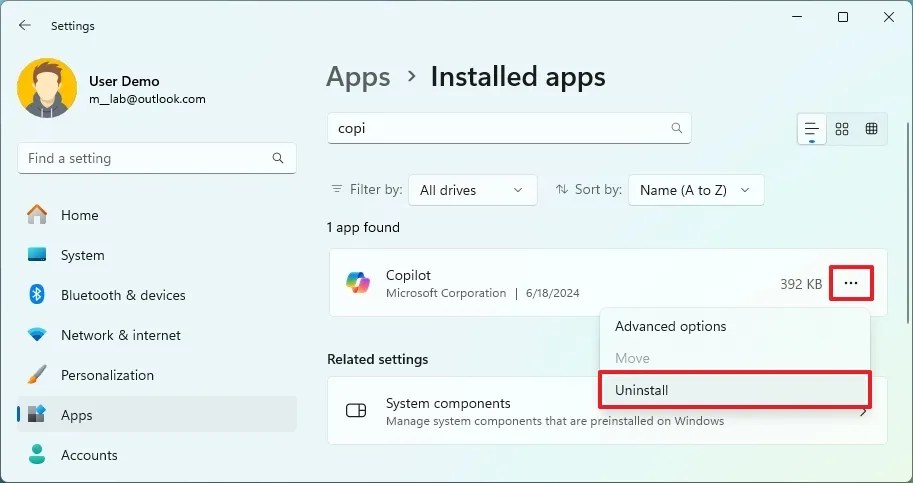 Settings uninstall app