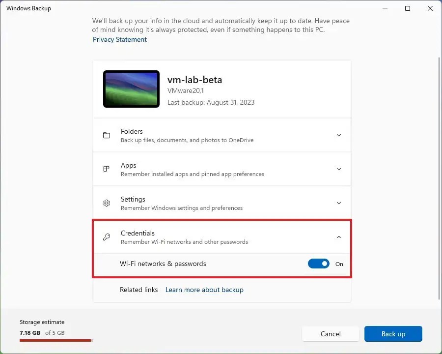 Windows Backup credentials