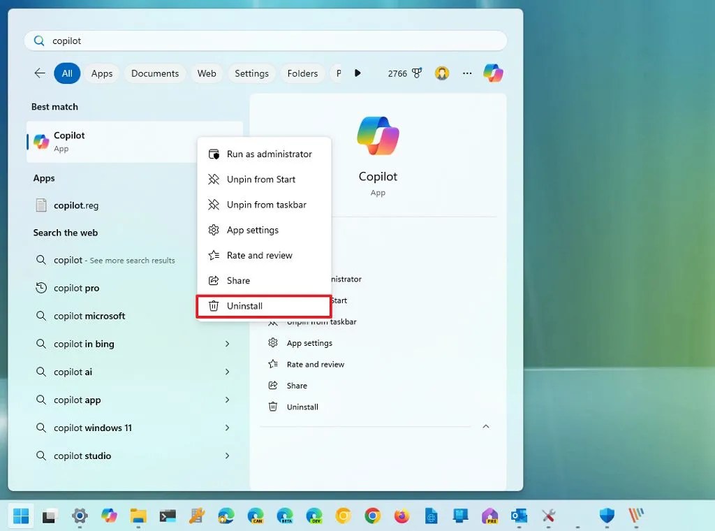 Uninstall app from Windows Search