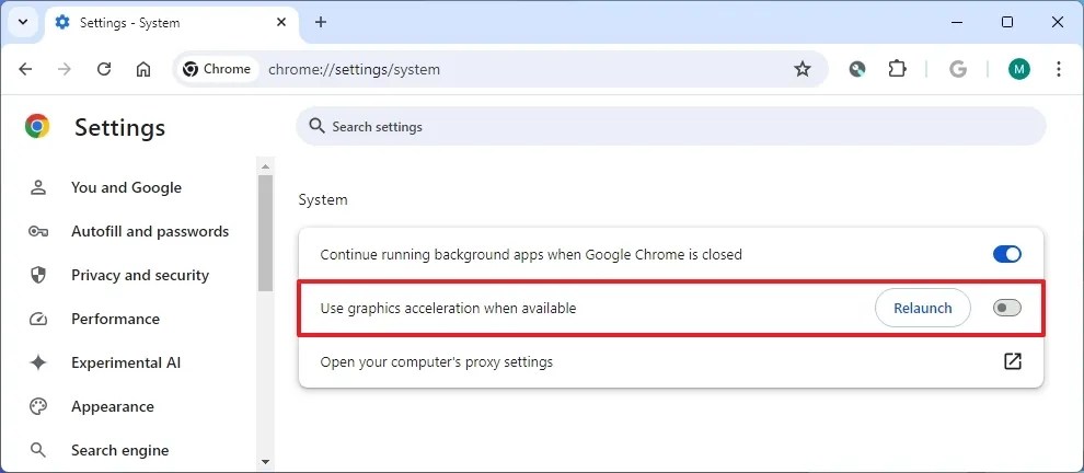 Disable hardware acceleration in Google Chrome settings