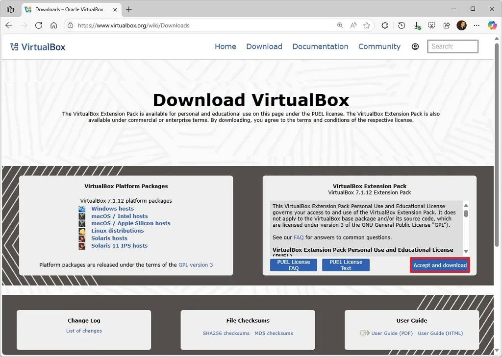 Download VirtualBox extension pack