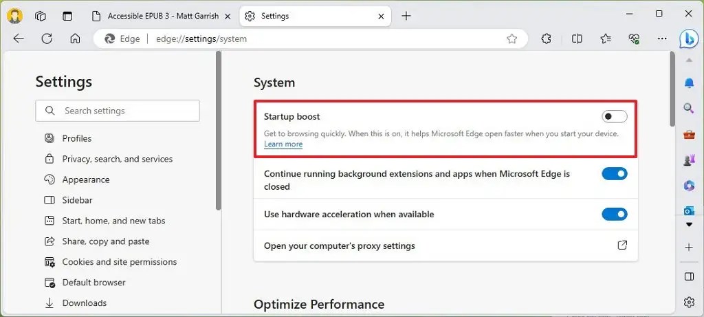 Microsoft Edge disable Startup boost