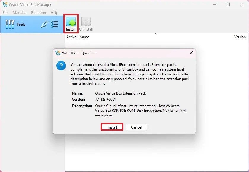 VirtualBox install extension pack