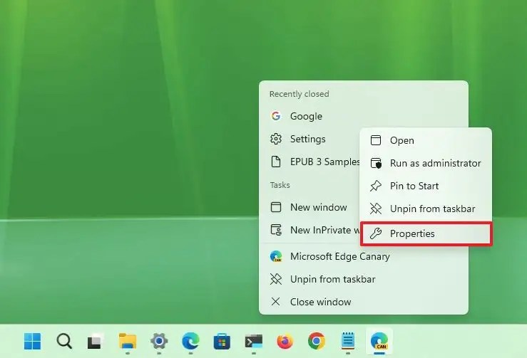Microsoft Edge shortcut properties