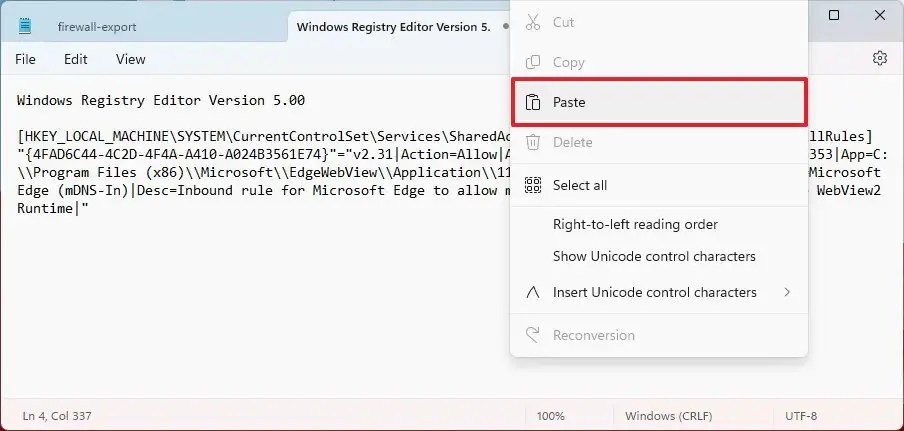 Paste firewall rule custom configuration file