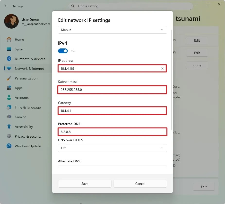 Settings app set static IP address