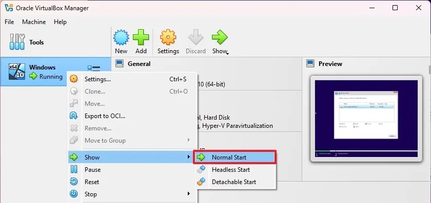 Start virtual machine option