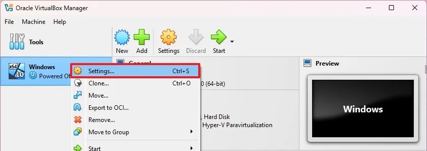 VirtualBox context settings