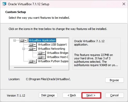 VirtualBox default install settings