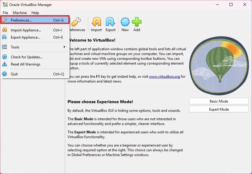 VirtualBox preferences