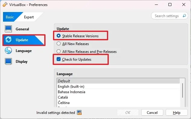 VirtualBox update settings