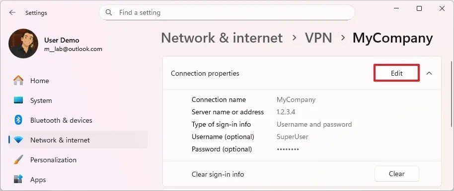 VPN connection properties on Windows 11