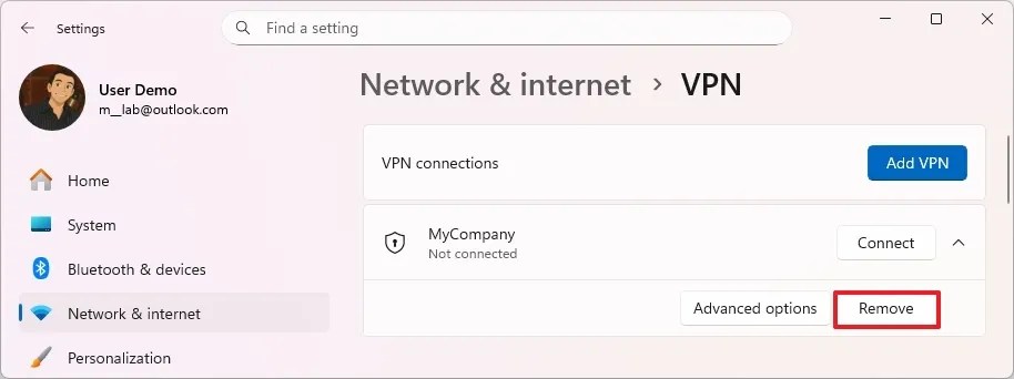 Windows 11 delete VPN profile