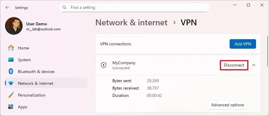 Windows 11 disconnect from VPN server