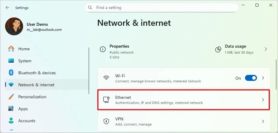 Open Ethernet settings