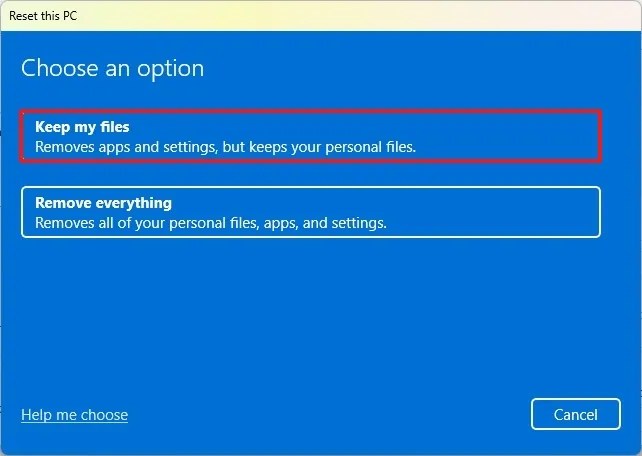 Keep my files reset option