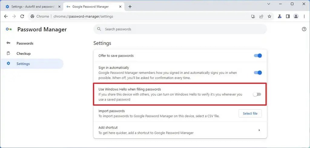 Use Windows Hello when filling passwords