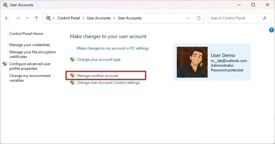 Control Panel manage other accounts option