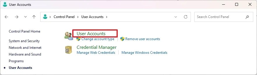 Control Panel User Accounts option