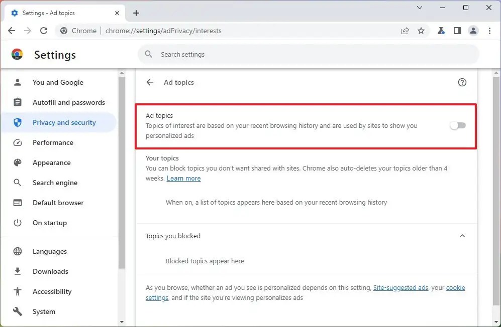 Chrome disable Ad topics