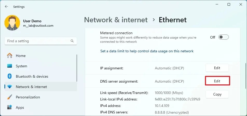 Open DNS settings on Windows 11