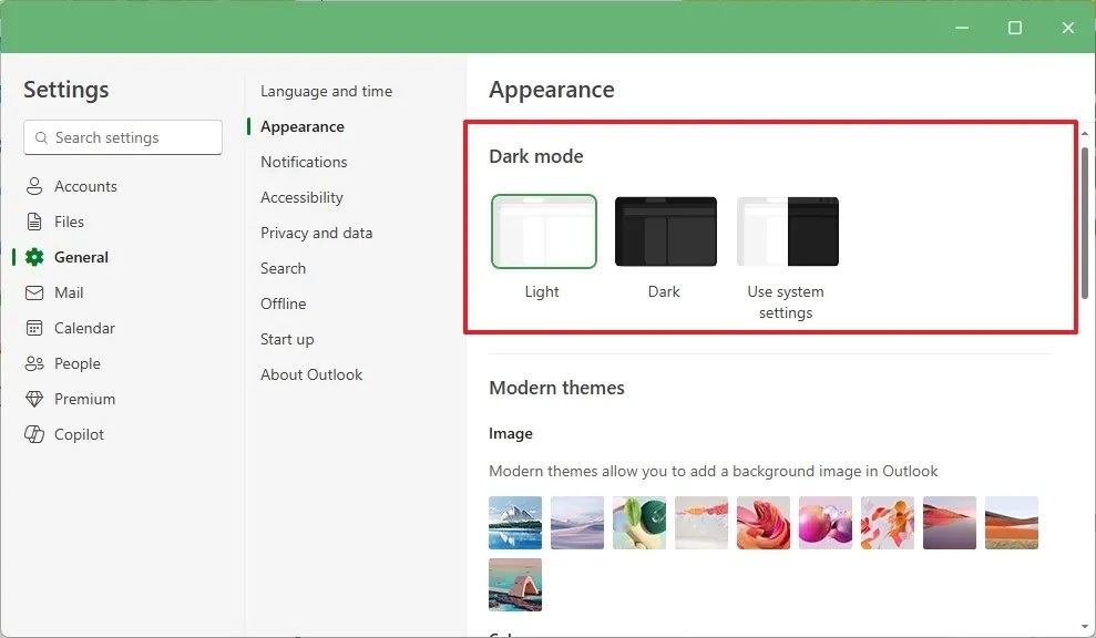 Outlook change dark or light modes
