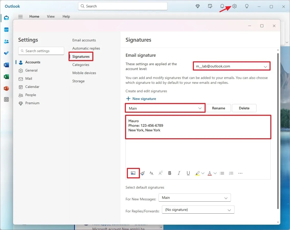 Outlook create signature